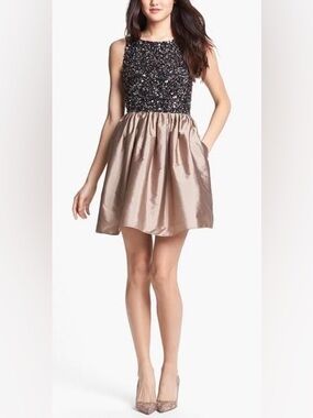 Adrianna Papell Black Sequin Bodice with Champagne Satin Skirt Dress